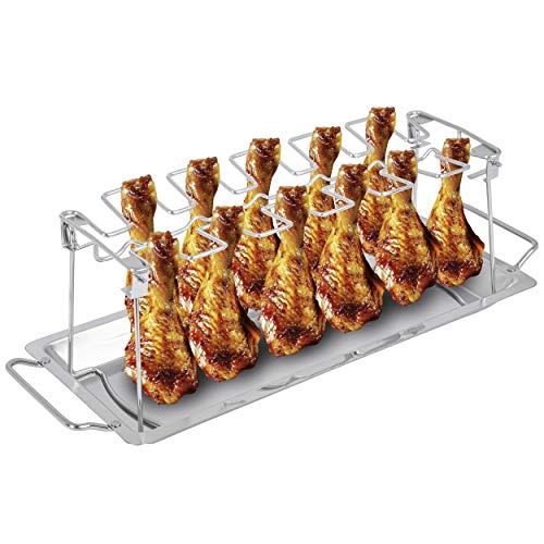 ONVAYA braciere per pollo in acciaio inox supporto per barbecue e forno supporto per pollame con vaschetta di raccolta supporto per cosce di pollo