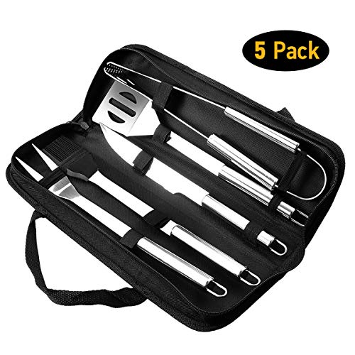 Orlegol Set di attrezzi per barbecue in acciaio INOX con occhielli per appendere set di accessori per barbecue con pacchetto regalo ideale per gli uomini e il campeggio 5 pezzi