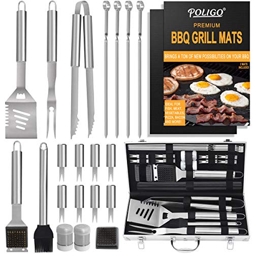POLIGO 23 Pezzi Campeggio allaperto Kit Accessori Barbecue in Acciaio Inox con Stuoie per Griglia Attrezzi Barbecue Set Barbecue in Custodia di Alluminio Perfetto Regalo di Compleanno Uomo