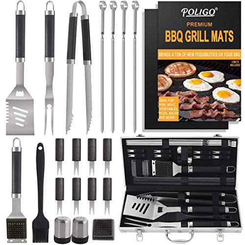 POLIGO 23Pezzi Campeggio allaperto Kit Accessori Barbecue in Acciaio Inox con Stuoie per Griglia Attrezzi Barbecue Set Barbecue in Custodia di Alluminio Perfetto Regalo di Compleanno Uomo