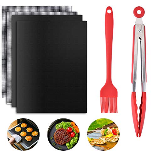 Queta Set di 2 tappetini antiaderenti per barbecue griglie e spazzole in silicone senza griglia riutilizzabili e facili da pulire utilizzabili per gas carbonella forno e grill elettrico