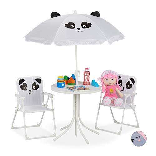 Relaxdays Bianco Tavolo Bambini con Ombrellone Set con 2 Sedie da Campeggio  Giardino Tavolino Picnic Giochi Casa