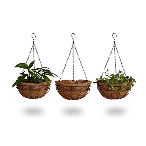 Relaxdays Marrone 3 Portavasi da Parete Fibra di Cocco 33 Litri con Catena D 35 cm Fioriera Sospesa 35 x 35 x 65 cm