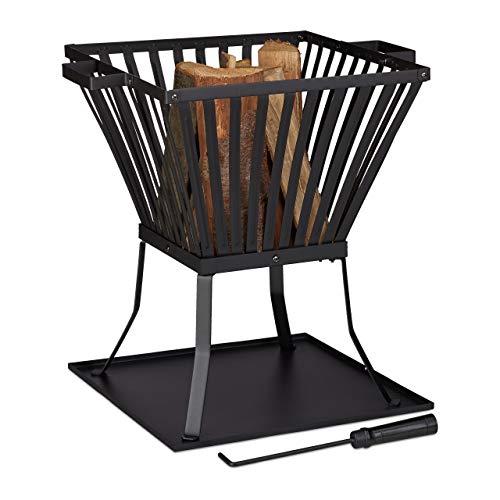 Relaxdays Nero Brucialegna XL con Attizzatoio Braciere da Giardino e Terrazza con Vassoio per Legna 56x565x45cm