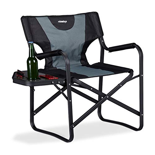 Relaxdays NeroGrigio Regista Sedia Pieghevole per Campeggio e Giardino Tavolino Porta Bevande alluminio