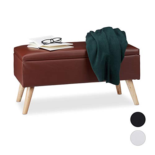Relaxdays Panca Contenitore 40 l in Similpelle con Gambe in Legno Cassapanca Imbottita Marrone HxLxP 40 x 80 x 395 cm