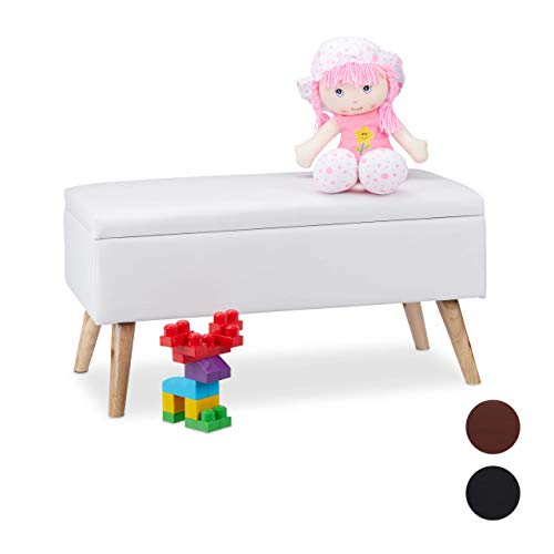 Relaxdays Panca Contenitore 40 l in Similpelle con Gambe in Legno Cassapanca Imbottita Bianco HxLxP 40 x 80 x 395 cm