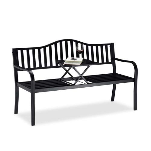 Relaxdays Panca da Giardino con Tavolino Pieghevole 3 Posti Tavolo Integrato HxLxP 90 x 150 x 575 cm Nero