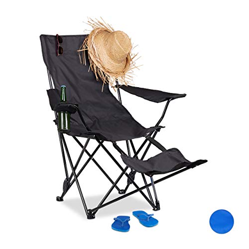 Relaxdays Sedia da Campeggio con Poggiapiedi Pieghevole con Porta Bevande Braccioli Max 120 kg Nero