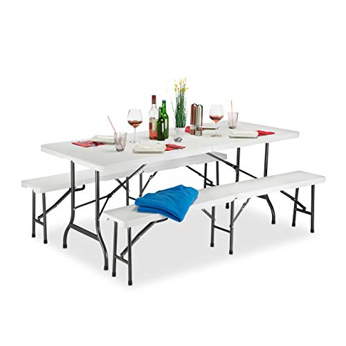 Relaxdays Set Chiosco Tavolo Panche ribaltabili 3 Pezzi Arredo Giardino Monocolore Bianco H x L x P 74 x 180 x 74 5 cm