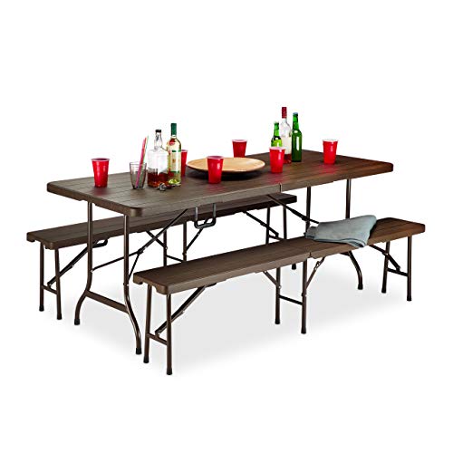Relaxdays Set Gazebo Effetto Legno Pieghevole Struttura Metallica Maniglia per Trasporto Marrone Dimensioni Tavolo Aperto H P 73 x 1795 x 745 cm ca
