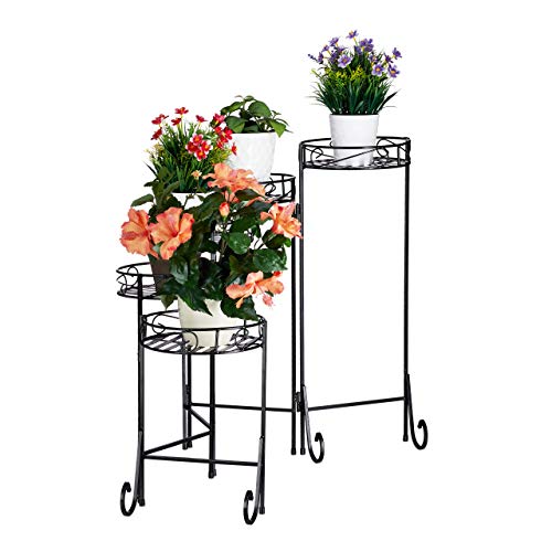 Relaxdays Supporto Metallico per Piante 5 Livelli Rotondo Interno ed Esterno Richiudibile HxLxP 65x125x23cm Nero