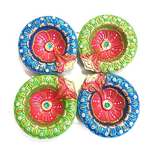 Set di 4 lampade a olio con glitter per Deepawali e Puja  lampada indiana festival e portacandele in terracotta per Dashara Diwali Puja Festi