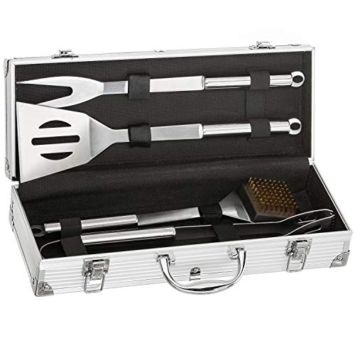 Set di 5 posate professionali per barbecue in acciaio inox con valigetta in alluminio con utensili di posateria per grigliare