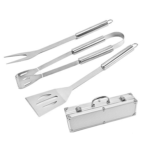 Set Posate da Grill in Acciaio Inox con Valigetta in Alluminio 3 Pezzi Set Utensili per Barbecue Attrezzi Barbecue Professionali
