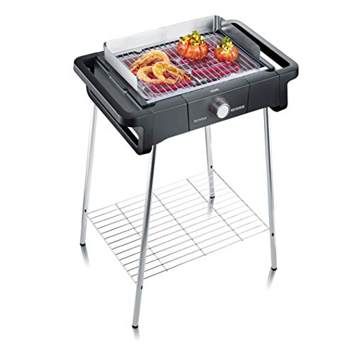 Severin PG 8115 Barbecue Elettrico Home Temperatura Fino a 300C in 10 Minuti Safe Touch Manopola con Luce LED Griglia in Acciaio Inossidabile Base di Supporto Nero