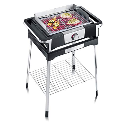 Severin PG 8116 Barbecue Elettrico Style Temperatura Fino a 320C in 10 Minuti Safe Touch Manopola con Luce LED Cavo XXL 2 m Base di Supporto Griglia in Acciaio Inossidabile Nero