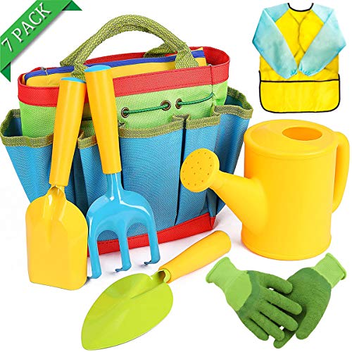 Shinelee 7 Pezzi Set Giardinaggio per Bambini Attrezzi Giardino Guanti Borsa Annaffiatoio Grembiule Giardinaggio Attrezzi Pala Vanga Rastrello Kit Giardinaggio Bambini