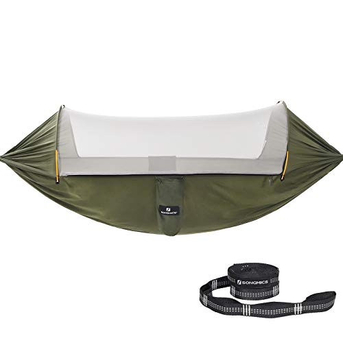 SONGMICS Amaca con Zanzariera Portatile Doppia Nylon Ripstop Asciugatura Rapida Cinghie MultiAnello Max Portata 300 kg 275 x 140 cm per Campeggio Escursione Verde Militare e Grigio GDC17AG