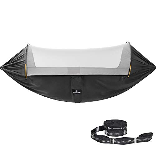 Capacità di Carico 300 kg 275 x 140 cm SONGMICS Amaca da Campeggio Leggero con Cinghie Multi-Anello e Moschettoni Traspirante Provata dal TÜV Grigio e Rosso Scuro GDC14GR ad Asciugatura Rapida 
