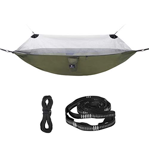 SONGMICS Amaca Ultraleggera con Zanzariera Portatile Doppia Nylon Ripstop Asciugatura Rapida Cinghie MultiAnello Max Portata 300 kg 275 x 140 cm per Campeggio Verde Militare e Grigio GDC16AG