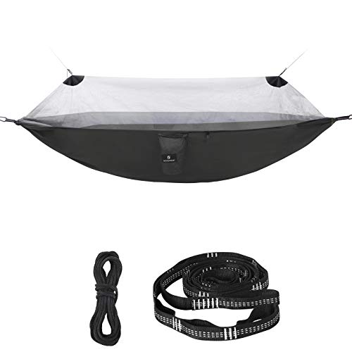 SONGMICS Amaca Ultraleggera con Zanzariera Portatile Doppia Nylon Ripstop Asciugatura Rapida Cinghie MultiAnello Max Portata 300 kg 275 x 140 cm per Campeggio Giardino Nero e Grigio GDC16BG