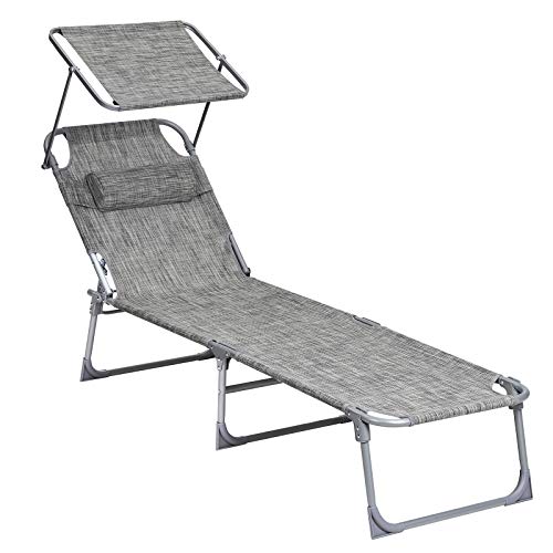 SONGMICS Lettino Prendisole Sdraio Pieghevole e Leggera con Poggiatesta Parasole e Schienale Reclinabile 53 x 193 x 295 cm Max Portata 150 kg per Giardino Terrazzo Balcone Greige GCB19T