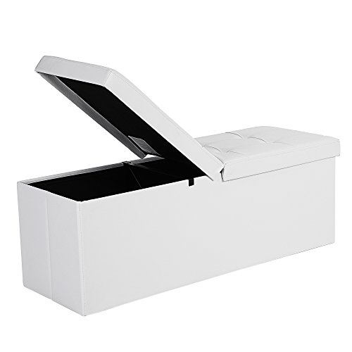 SONGMICS Pouf Panca Ottomana Pieghevole Contenitore Cubo Portaoggetti di 120 Litri con Coperchio Ribaltabile Bianco 110 cm LSF75WT