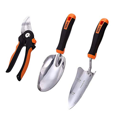 TACKLIFE Attrezzi da Giardino Cesoie Potatura Pala trapiantatore da Giardino Cazzuola per trapianto Set di 3 pezzi Utensili per Giardino in Acciaio Inossidabile per Potare Trapiantare GGT3A