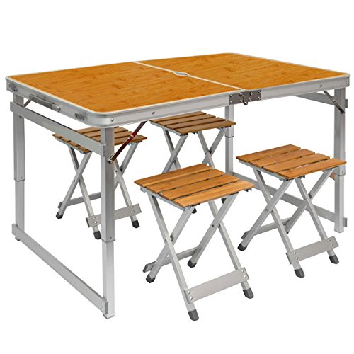 Tavolino da campeggio regolabile in altezza  Tavolo  4 Sgabelli  Pieghevole formato valigia facile da trasportare  in Legno di Bambu e Alluminio  ideale per picnic giardino spiaggia  ca 110x70cm
