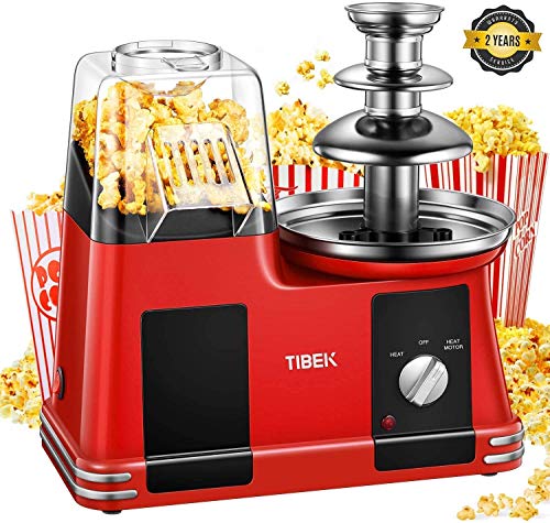 TIBEK Macchina per Pop Corn Ad Aria Calda Popcorn Machine Senza Olio e Grassi 1200W con Pentola Antiaderente Misurino e Bocca Larga Include Fontana di Cioccolato