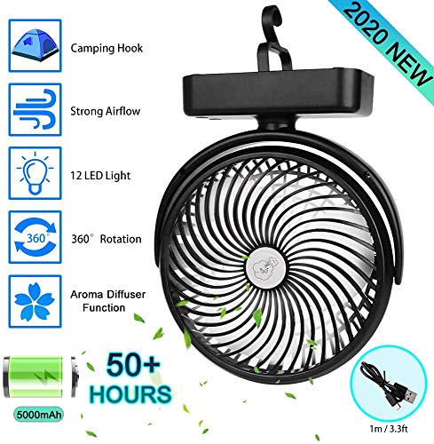 Ventilatore da Campeggio Portatile Ventilatore USB Ventilatore da Tavolo con Luce LED 5000mAh 3 velocit Rotazione 360 Mini Ventilatore Personale per Casa Esterno Ufficio Campeggio