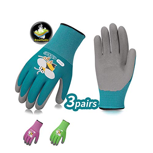 Vgo 3 paia per bambini di 57 anni guanti da lavoro con rivestimento in lattice naturale schiumato guanti da giardinaggio KIDXXS Viola  Verde  Blu con stampa ape KIDRB6013