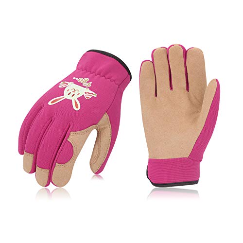 Vgo Glove Guanti 1 Paio per Bambini di 45 Anni Guanti da Giardinaggio e da Lavoro per Bambini in Pelle Sintetica e Spandex Traspirante con Stampa Carina di Coniglio KidS Rosa KIDSL7362