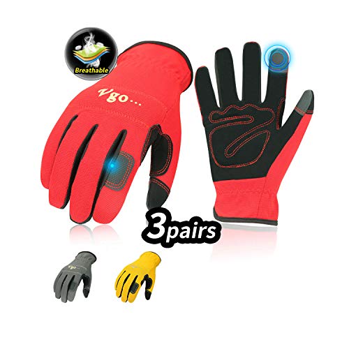 Vgo Glove Guanti 3 paia guanti da lavoro in pelle nabuk guanti da giardinaggio meccanico edile multifunzione 8MRosso Grigio GialloNB7581