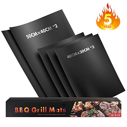 WayEee Set di 5 Barbecue Grill Mat Tappetini da BBQ Griglia Resistente al Calore Antiaderente Riutilizzabili Tappeto per Griglia a Carbone Forno Forno a Microonde Adatto per Carne Pesce Verdure