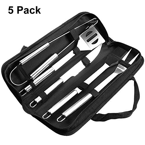 WELLXUNK Attrezzi Barbecue Professional BBQ Set di Strumenti Set di Utensili per Barbecue in Acciaio Inossidabile da 5 Pezzi con Sacchetti di Stoffa Oxford per Barbecue per Campeggio Allaperto