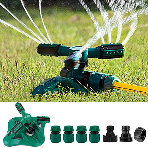 Wisdomwell Sprinkler da giardino regolabile adatto per grandi aree di prato sistema di irrigazione automatico a 360 gradi 3 bracci rotanti 1 irrigatore e 6 connettori