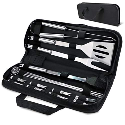 WisFox Set di Utensili per Barbecue 20 Pezzi Set Posate Barbecue Grill Set di Attrezzi Barbecue Griglia di Cottura in Acciaio Inox Premium Deluxe Kit di Cottura per Barbecue Allaperto in Alluminio