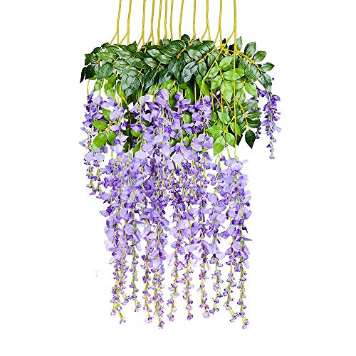 YQing 12 Pezzi Fiori Artificiali Glicine Fiore Artificiale Glicine Finto Pianta Rampicante Seta Fiore in Rattan Fiori Ghirlanda Party Domestica Fiore Appeso Wedding Decorazione Viola